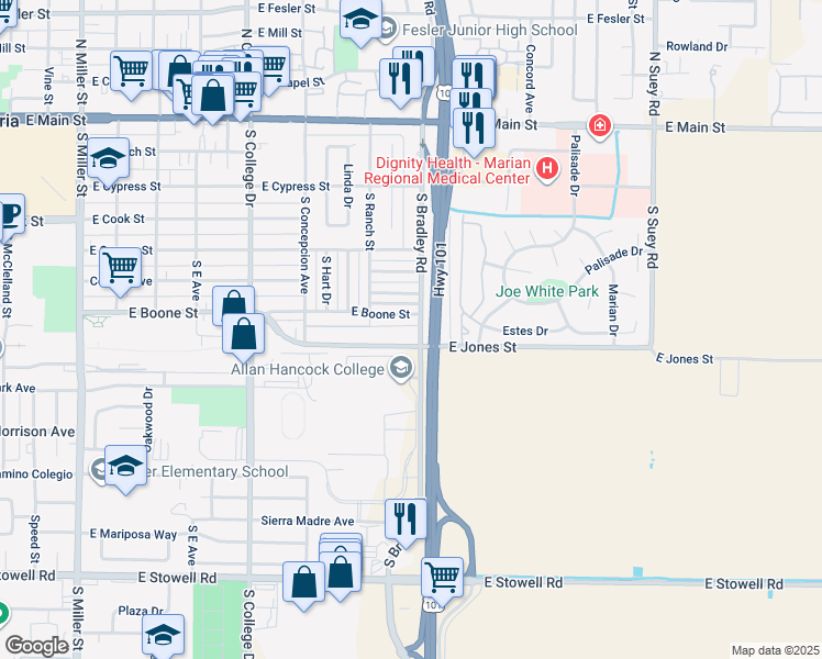 map of restaurants, bars, coffee shops, grocery stores, and more near 715 South Bradley Road in Santa Maria