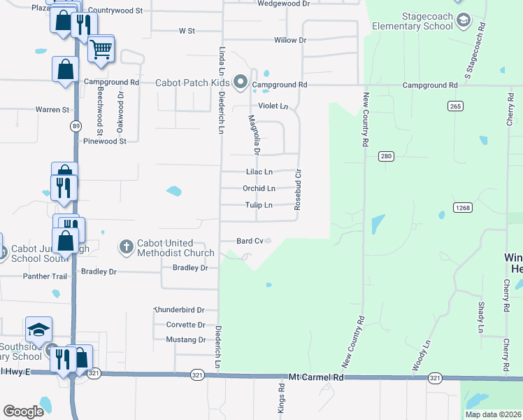 map of restaurants, bars, coffee shops, grocery stores, and more near 52 Magnolia Drive in Cabot