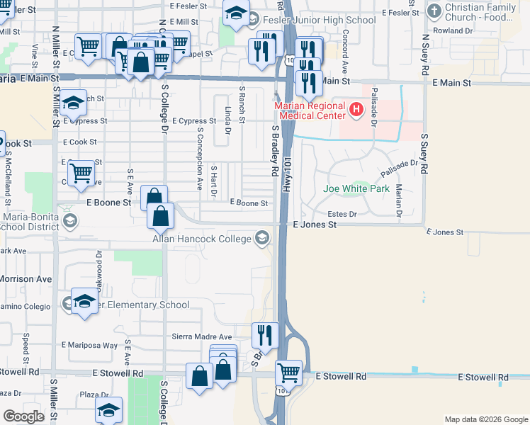 map of restaurants, bars, coffee shops, grocery stores, and more near 1041 East Boone Street in Santa Maria