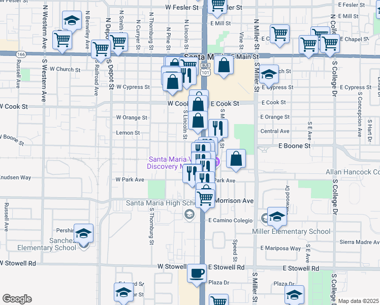 map of restaurants, bars, coffee shops, grocery stores, and more near 612 South Lincoln Street in Santa Maria