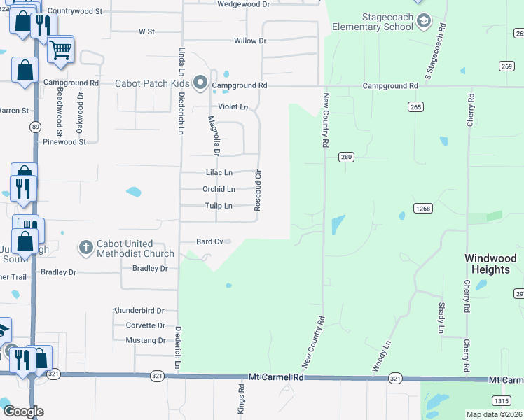 map of restaurants, bars, coffee shops, grocery stores, and more near 34 Tulip Lane in Cabot