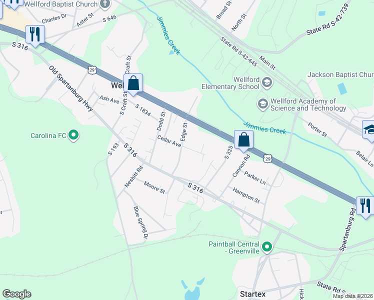 map of restaurants, bars, coffee shops, grocery stores, and more near 162 Cedar Avenue in Wellford