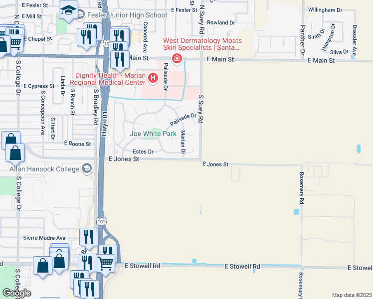 map of restaurants, bars, coffee shops, grocery stores, and more near 616 Marian Drive in Santa Maria