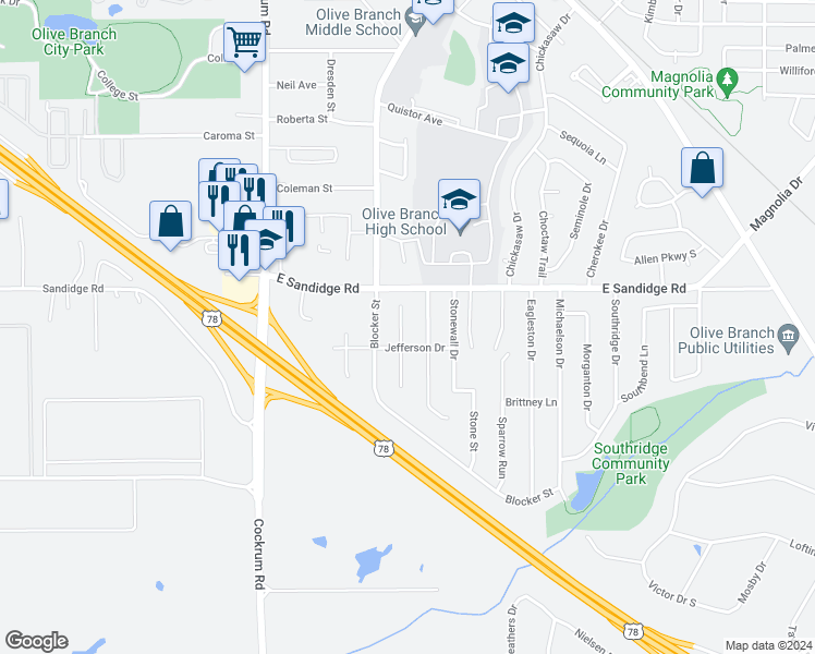 map of restaurants, bars, coffee shops, grocery stores, and more near 5920 Brice Cove North in Olive Branch