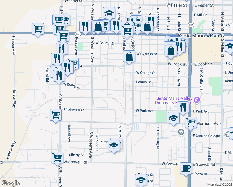 map of restaurants, bars, coffee shops, grocery stores, and more near 800 West Boone Street in Santa Maria