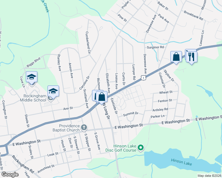 map of restaurants, bars, coffee shops, grocery stores, and more near 316 Elizabeth Avenue in Rockingham