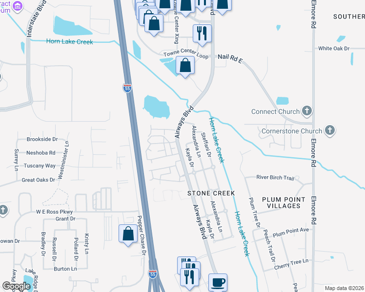 map of restaurants, bars, coffee shops, grocery stores, and more near 142 Kayla Drive in Southaven