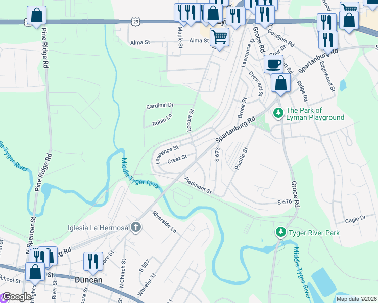 map of restaurants, bars, coffee shops, grocery stores, and more near 1 Crest Street in Lyman