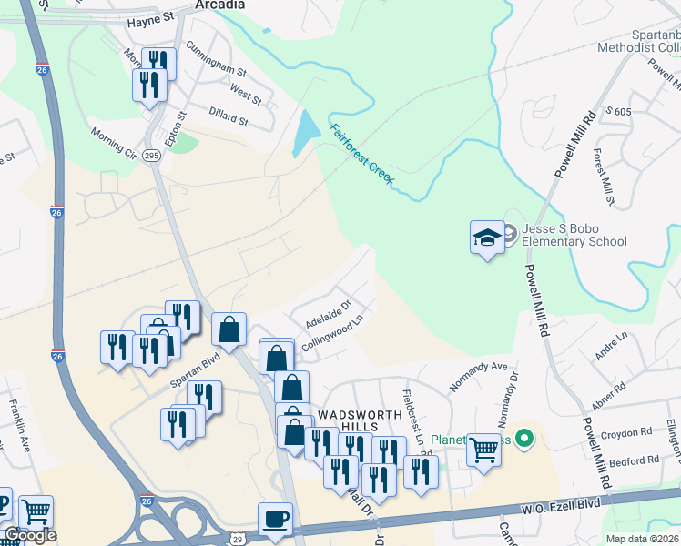 map of restaurants, bars, coffee shops, grocery stores, and more near 429 Melbourne Lane in Spartanburg