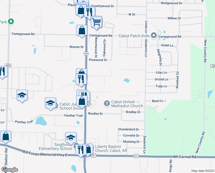 map of restaurants, bars, coffee shops, grocery stores, and more near 17 Knollwood Drive in Cabot