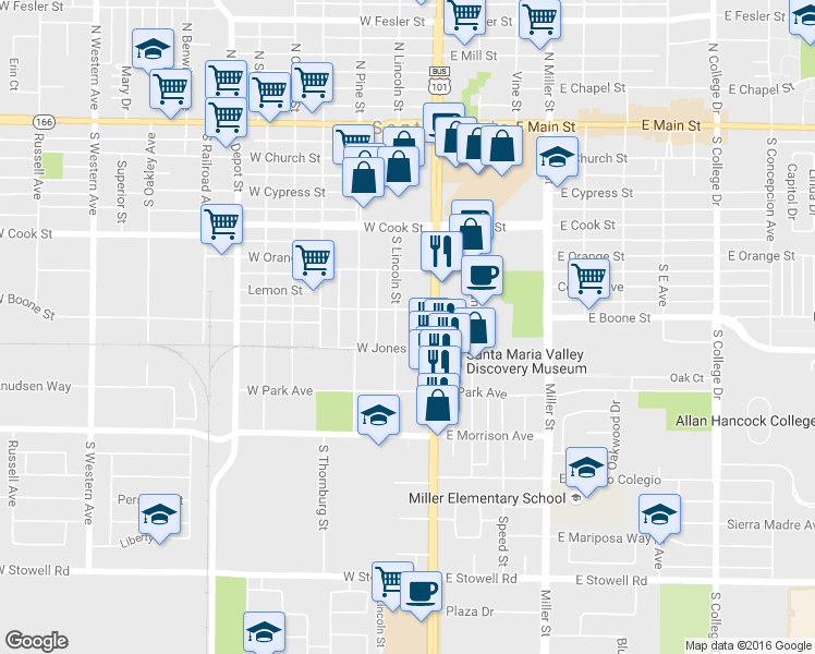 map of restaurants, bars, coffee shops, grocery stores, and more near 605 South Broadway in Santa Maria
