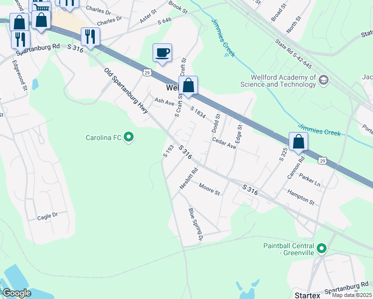 map of restaurants, bars, coffee shops, grocery stores, and more near 791 Old Spartanburg Highway in Wellford