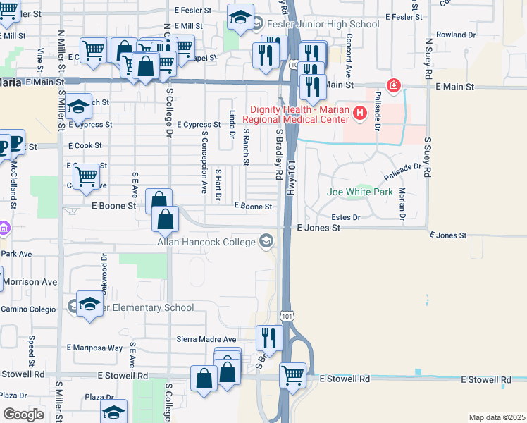 map of restaurants, bars, coffee shops, grocery stores, and more near 1020 East Boone Street in Santa Maria