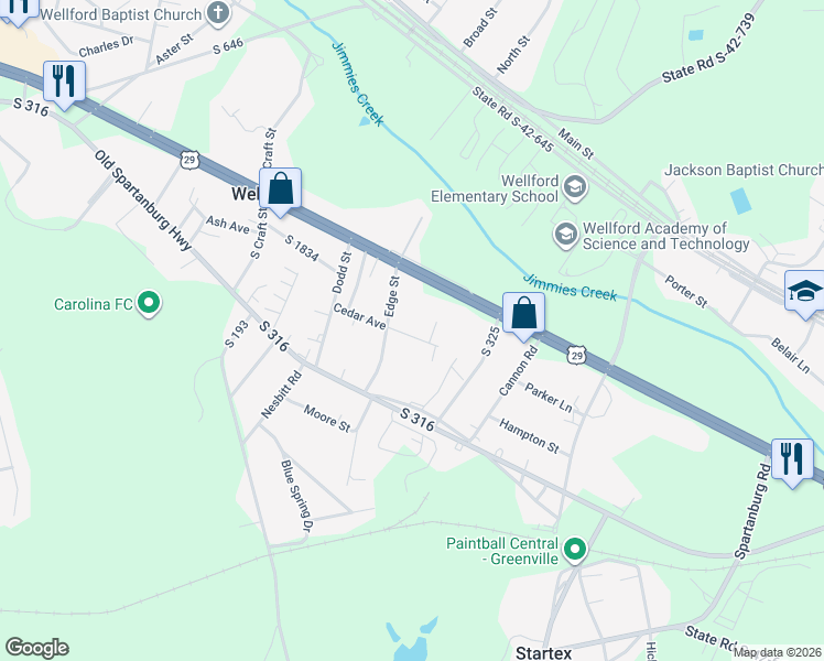 map of restaurants, bars, coffee shops, grocery stores, and more near 162 Cedar Avenue in Wellford
