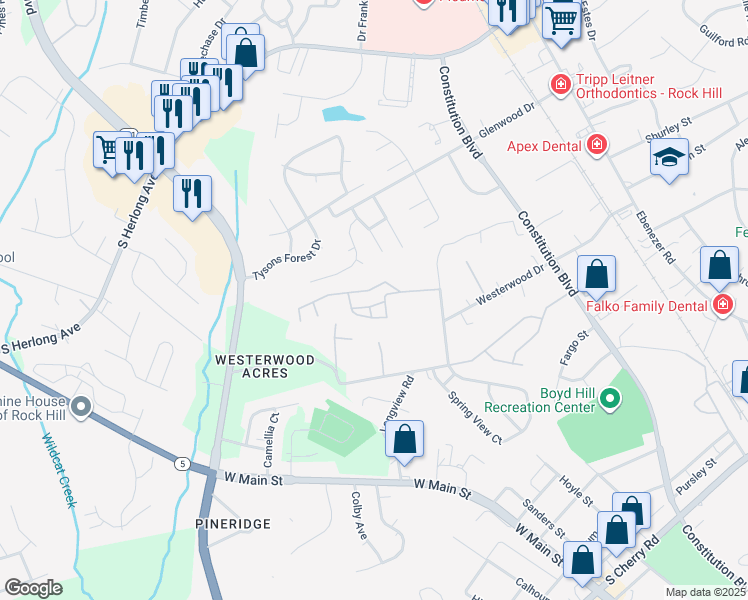 map of restaurants, bars, coffee shops, grocery stores, and more near 510 Brush Creek Road in Rock Hill