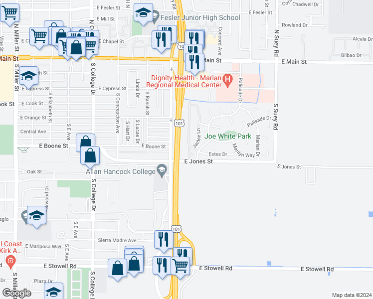 map of restaurants, bars, coffee shops, grocery stores, and more near 1204 Jamie Loop in Santa Maria