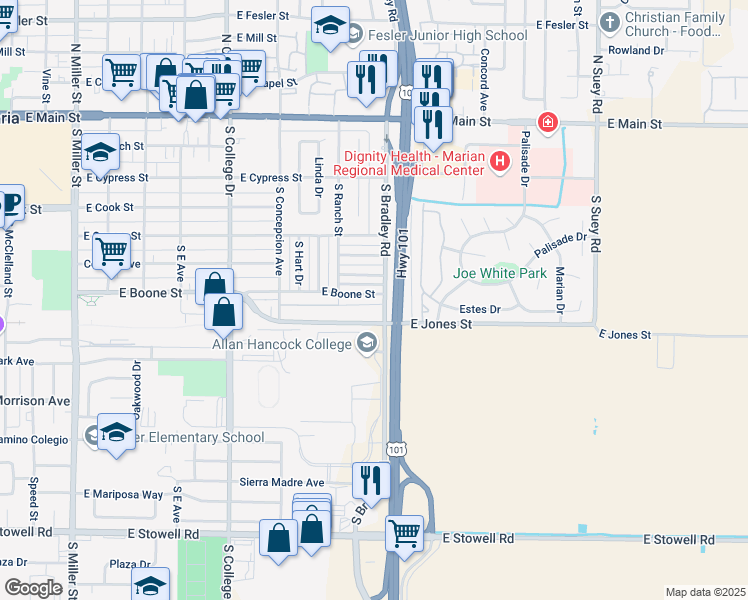 map of restaurants, bars, coffee shops, grocery stores, and more near 1041 East Boone Street in Santa Maria