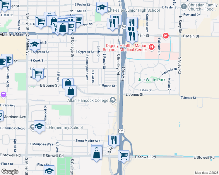 map of restaurants, bars, coffee shops, grocery stores, and more near 1014 East Boone Street in Santa Maria