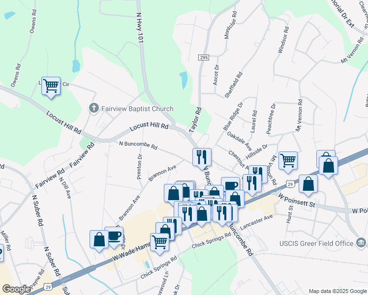 map of restaurants, bars, coffee shops, grocery stores, and more near 1001 Locust Hill Road in Greer