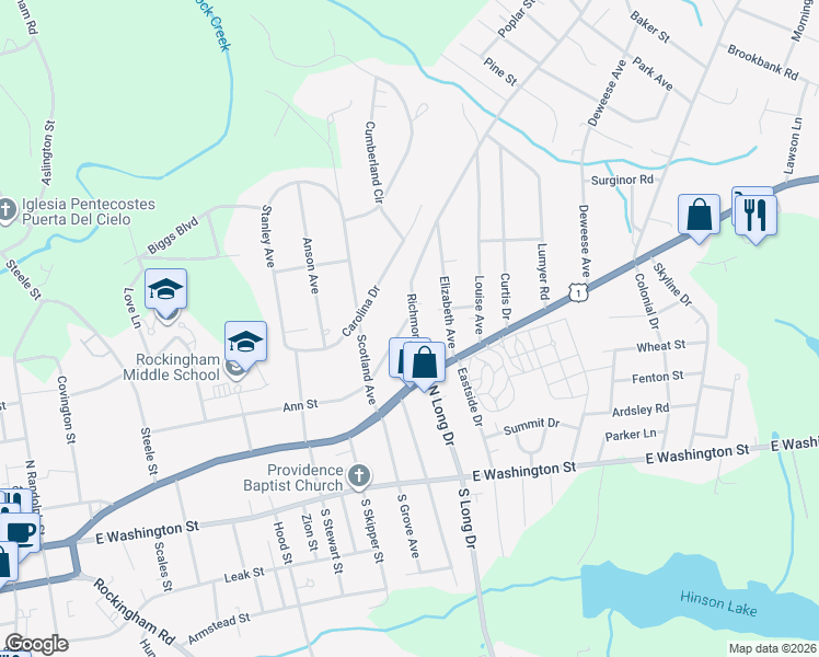 map of restaurants, bars, coffee shops, grocery stores, and more near 328 Richmond Road in Rockingham