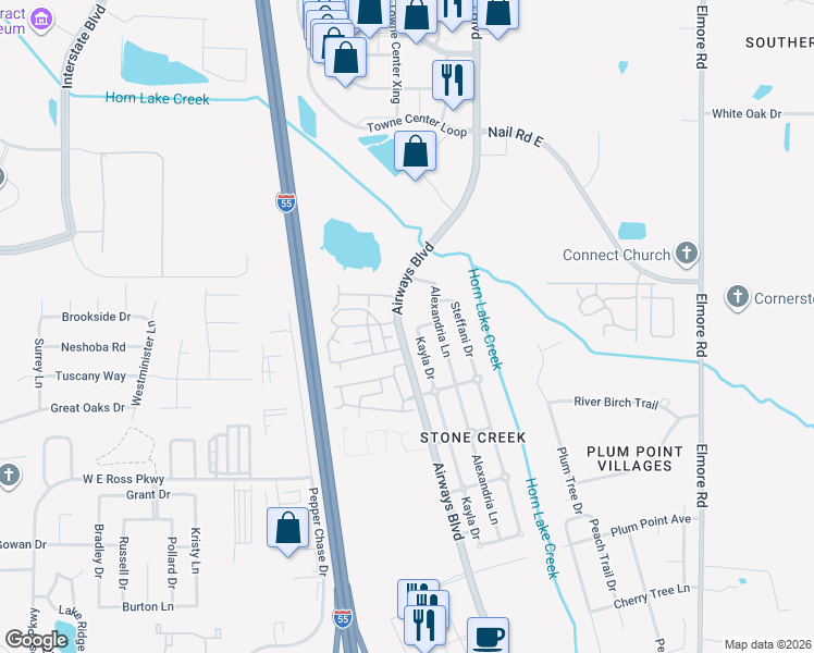 map of restaurants, bars, coffee shops, grocery stores, and more near 5905 Kayla Drive in Southaven