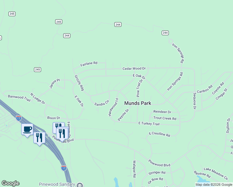 map of restaurants, bars, coffee shops, grocery stores, and more near 320 San Felipe Place in Munds Park