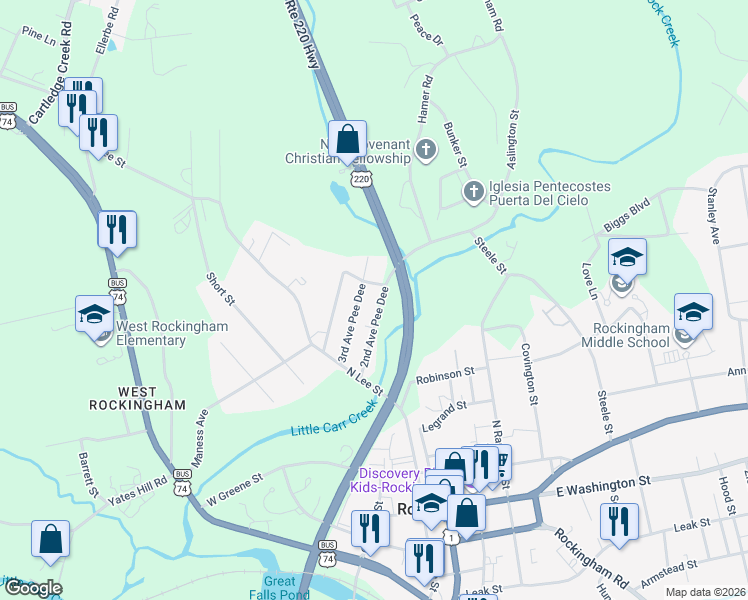 map of restaurants, bars, coffee shops, grocery stores, and more near 47 3rd Avenue Pee Dee in Rockingham