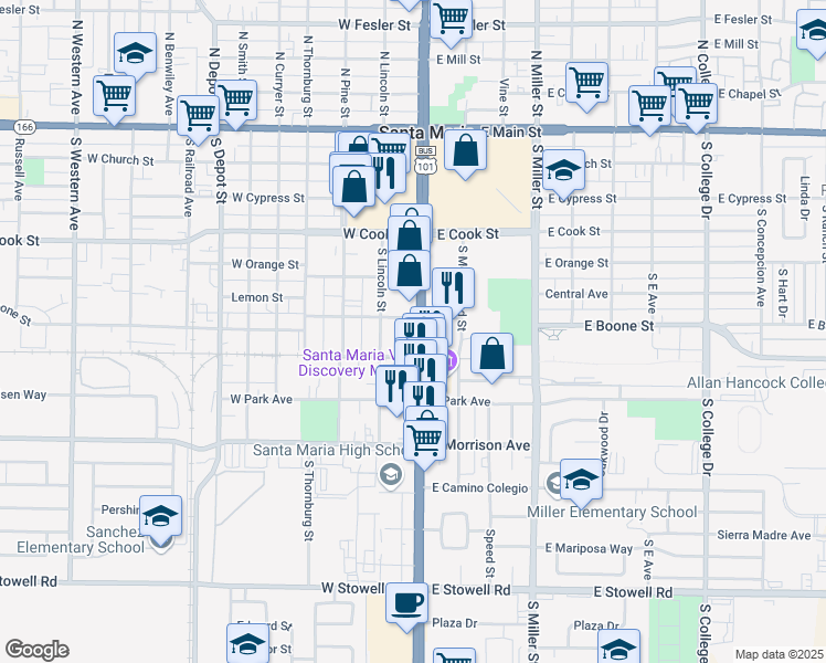 map of restaurants, bars, coffee shops, grocery stores, and more near 605 South Broadway in Santa Maria