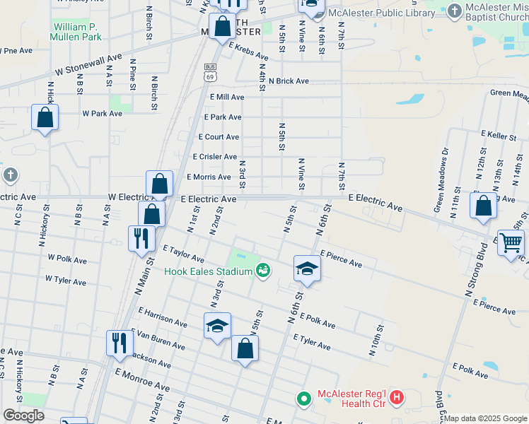 map of restaurants, bars, coffee shops, grocery stores, and more near 407 East Buchanan Avenue in McAlester