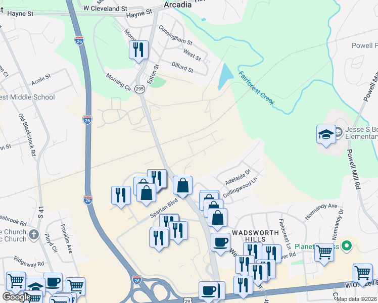 map of restaurants, bars, coffee shops, grocery stores, and more near Ivey Drive in Spartanburg