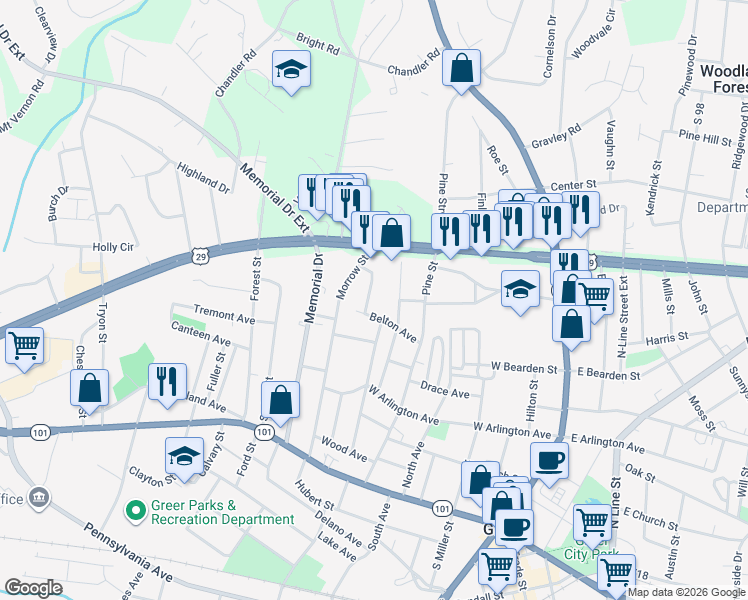 map of restaurants, bars, coffee shops, grocery stores, and more near 109 Elcon Drive in Greer