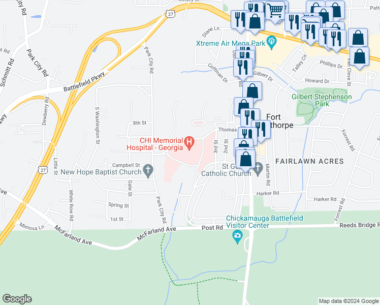 map of restaurants, bars, coffee shops, grocery stores, and more near 100 Gross Crescent in Fort Oglethorpe