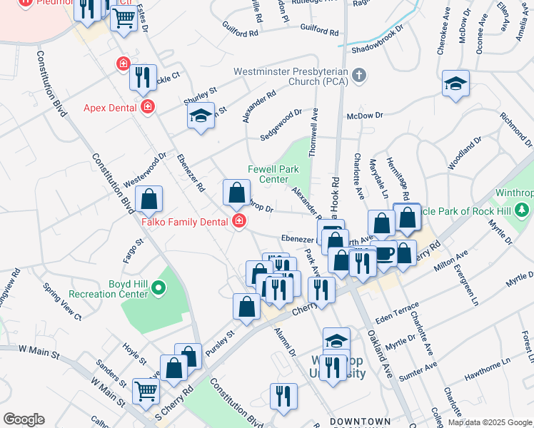 map of restaurants, bars, coffee shops, grocery stores, and more near 1211 Winthrop Drive in Rock Hill