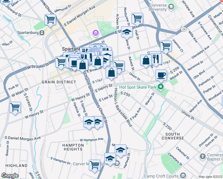 map of restaurants, bars, coffee shops, grocery stores, and more near 103 Elford Court in Spartanburg