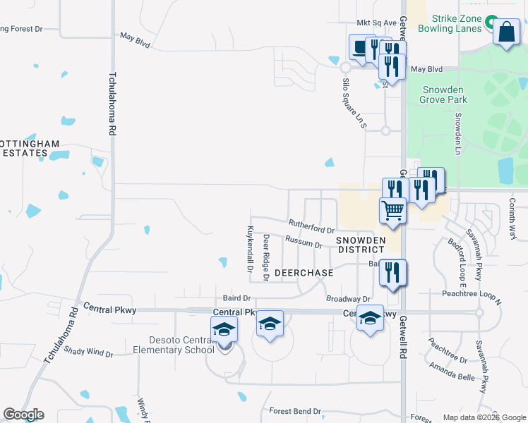 map of restaurants, bars, coffee shops, grocery stores, and more near 2544 Russum Drive in Southaven