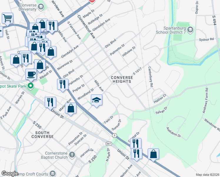 map of restaurants, bars, coffee shops, grocery stores, and more near 609 Boyd Street in Spartanburg