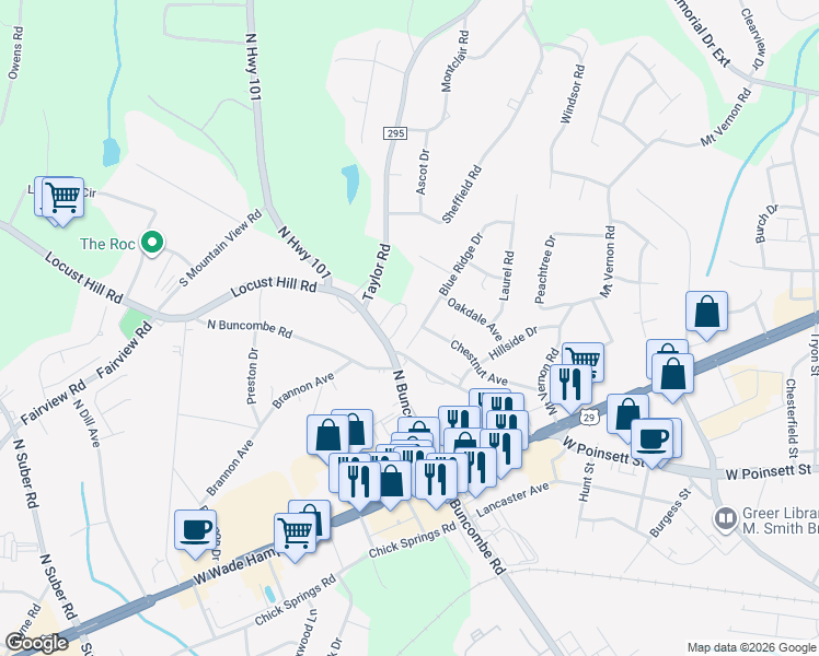 map of restaurants, bars, coffee shops, grocery stores, and more near 107 Blue Ridge Drive in Greer