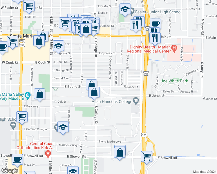 map of restaurants, bars, coffee shops, grocery stores, and more near 14 East Boone Street in Santa Maria