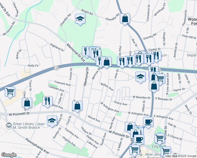 map of restaurants, bars, coffee shops, grocery stores, and more near 104 Elcon Drive in Greer