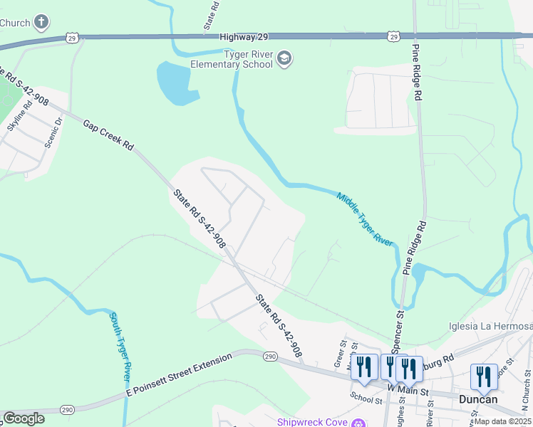 map of restaurants, bars, coffee shops, grocery stores, and more near 390 State Road S-42-9796 in Duncan