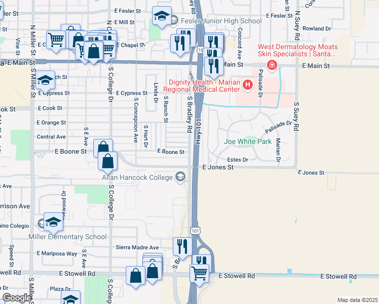 map of restaurants, bars, coffee shops, grocery stores, and more near South Bradley Road & East Boone Street in Santa Maria