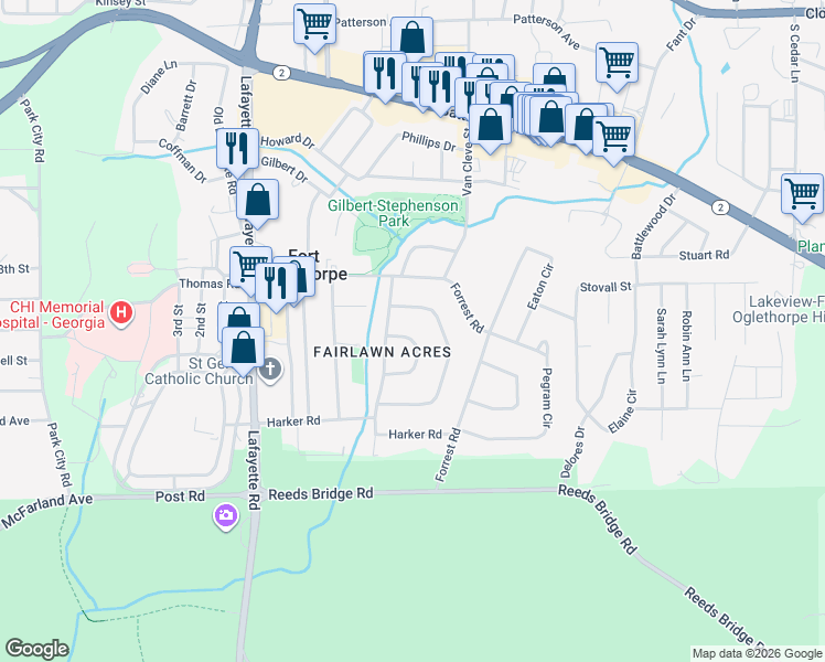map of restaurants, bars, coffee shops, grocery stores, and more near 5 Lee Circle in Fort Oglethorpe