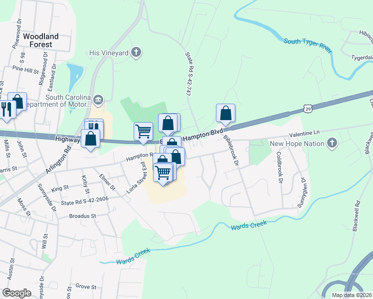 map of restaurants, bars, coffee shops, grocery stores, and more near 404 State Road S-42-2620 in Greer
