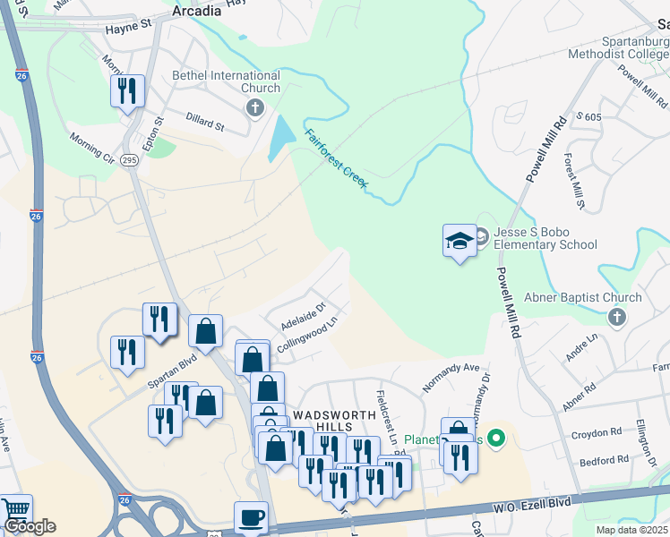 map of restaurants, bars, coffee shops, grocery stores, and more near 436 Melbourne Lane in Spartanburg