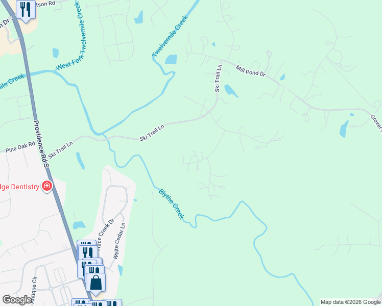 map of restaurants, bars, coffee shops, grocery stores, and more near 2510 White Thorne Lane in Waxhaw