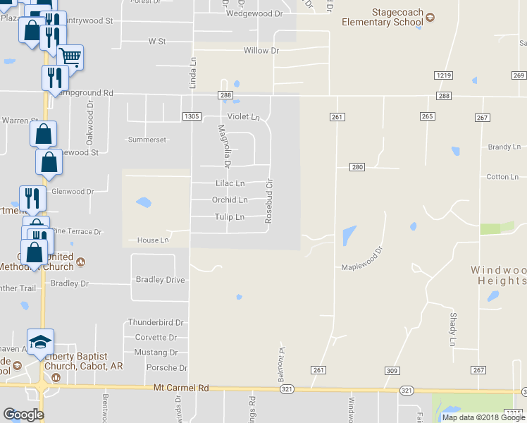 map of restaurants, bars, coffee shops, grocery stores, and more near 34 Tulip Lane in Cabot