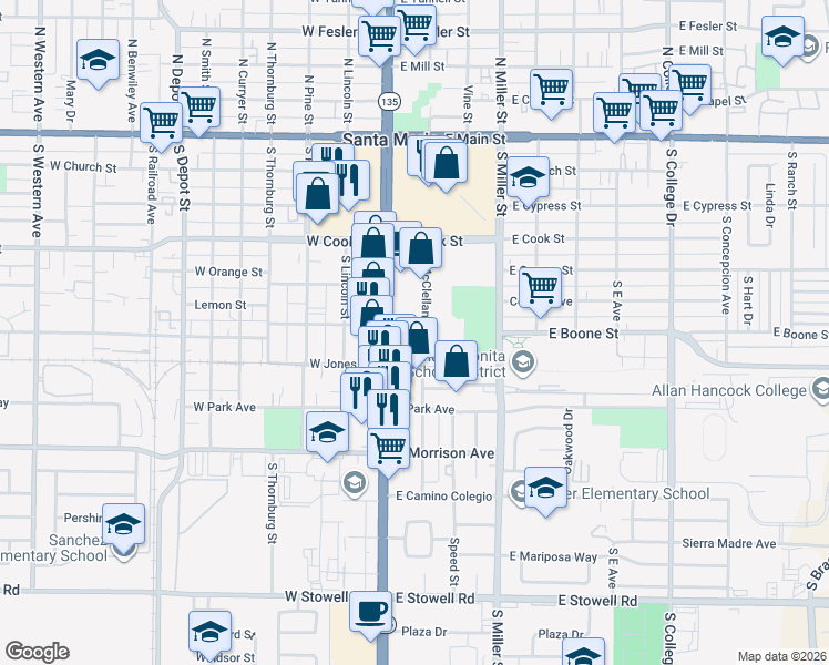 map of restaurants, bars, coffee shops, grocery stores, and more near 122 East Boone Street in Santa Maria