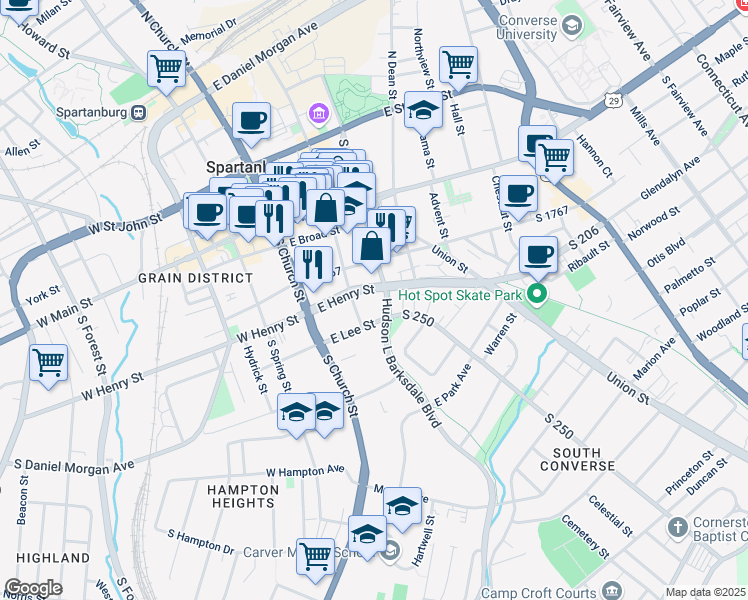 map of restaurants, bars, coffee shops, grocery stores, and more near 103 Elford Court in Spartanburg