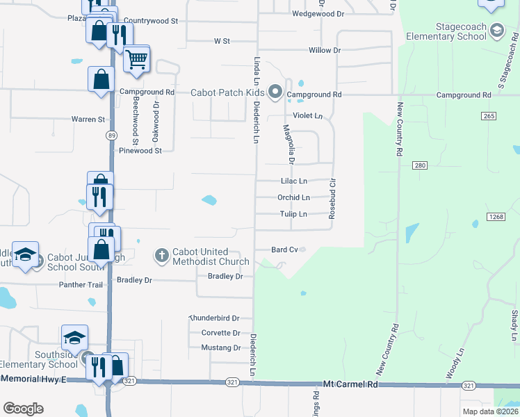 map of restaurants, bars, coffee shops, grocery stores, and more near 10 Tulip Lane in Cabot