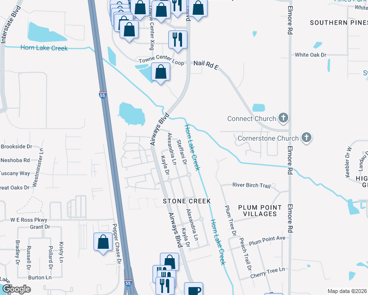 map of restaurants, bars, coffee shops, grocery stores, and more near 5910 Steffani Drive in Southaven